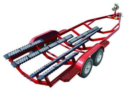 Image of red boat trailer fitted with Snaptraxx bunk system